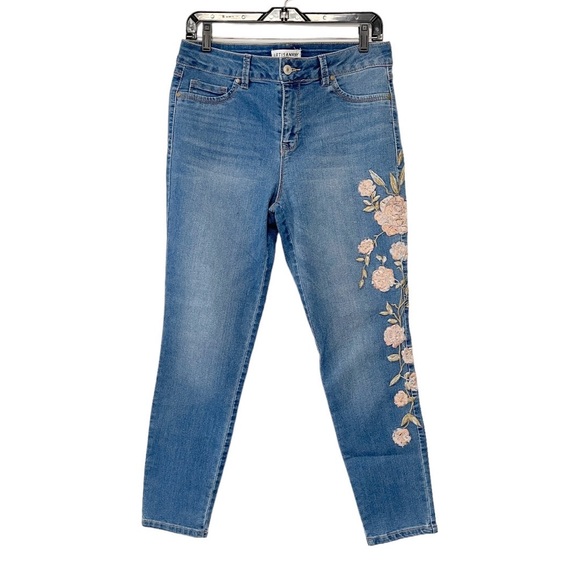 Artisan Ny Denim - Artisan NY Blue Skinny Jean Pink Floral Embroidered Straight Leg Denim Pant